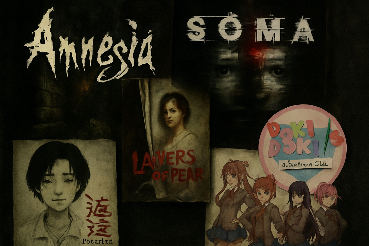 Colagem de capas de jogos de terror psicológico indie, com títulos como Amnesia, SOMA, Layers of Fear, Detention e Doki Doki Literature Club, em um fundo sombrio.